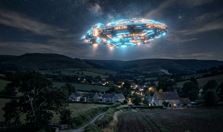 Glowing spacecraft over countryside at night
