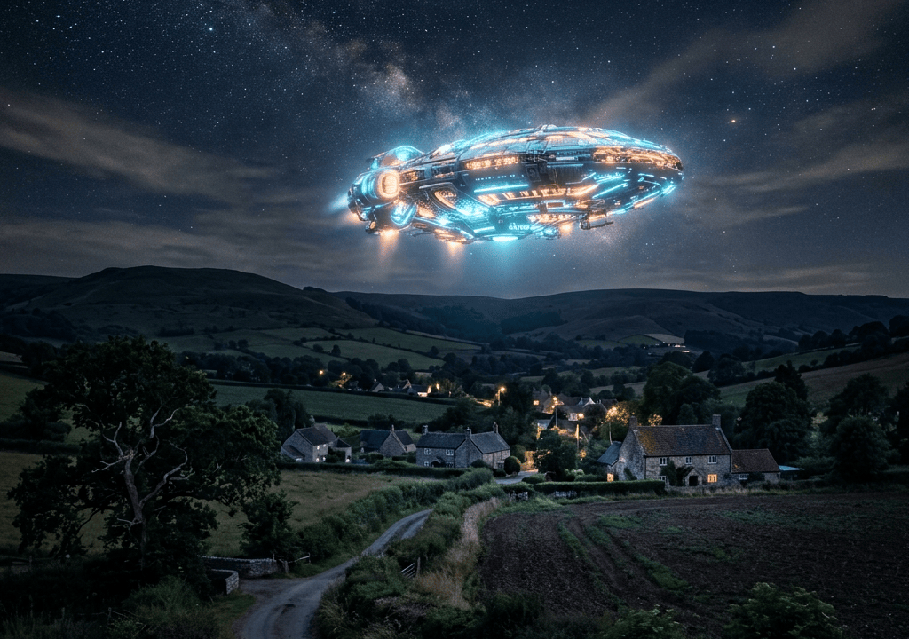 Glowing spacecraft over countryside at night